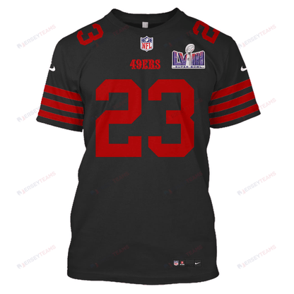 Christian McCaffrey 23 San Francisco 49ers Super Bowl LVIII All Over Print T-shirt - Black