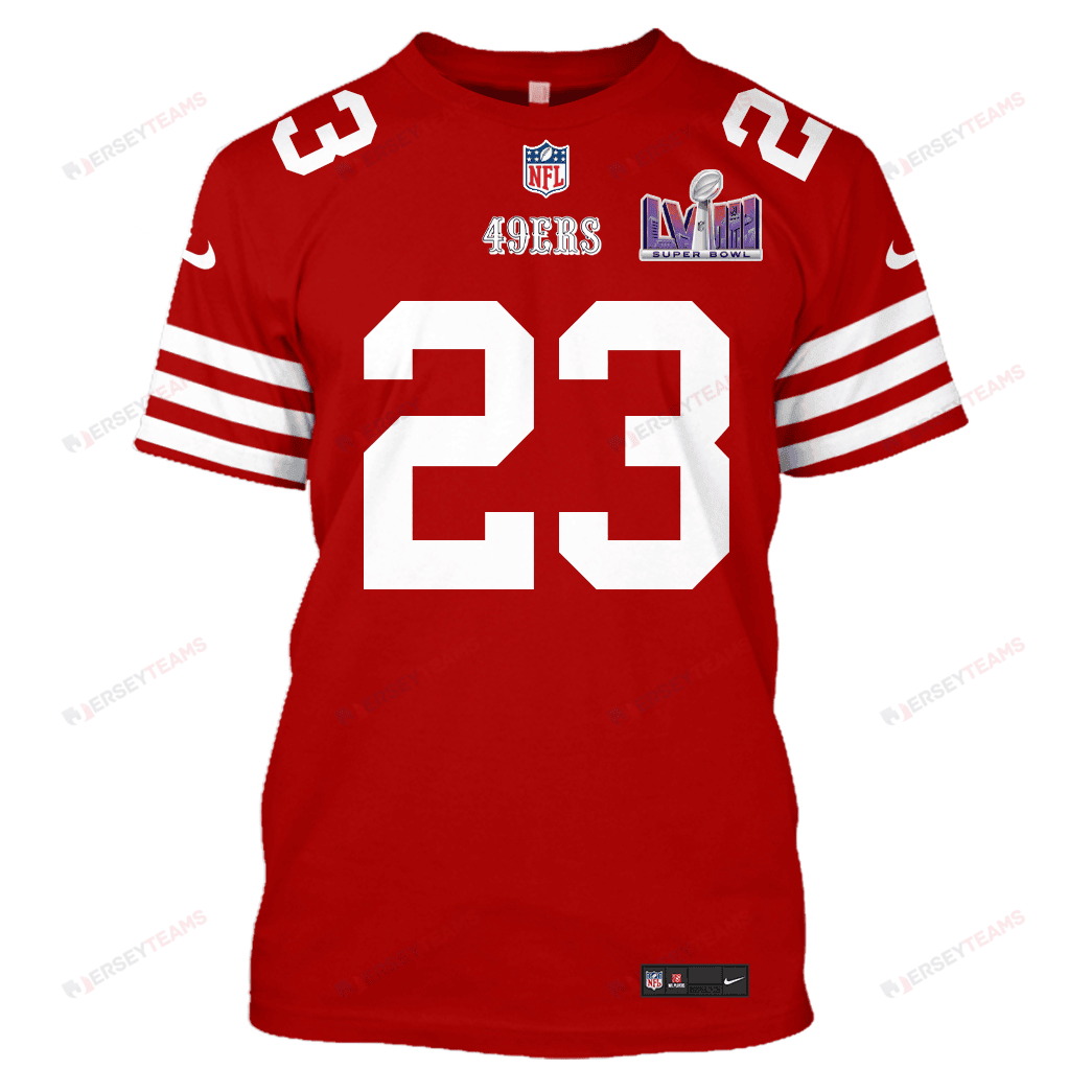 Christian McCaffrey 23 San Francisco 49ers Super Bowl LVIII All Over Print T-shirt - Scarlet