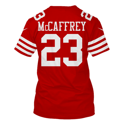 Christian McCaffrey 23 San Francisco 49ers Super Bowl LVIII All Over Print T-shirt - Scarlet