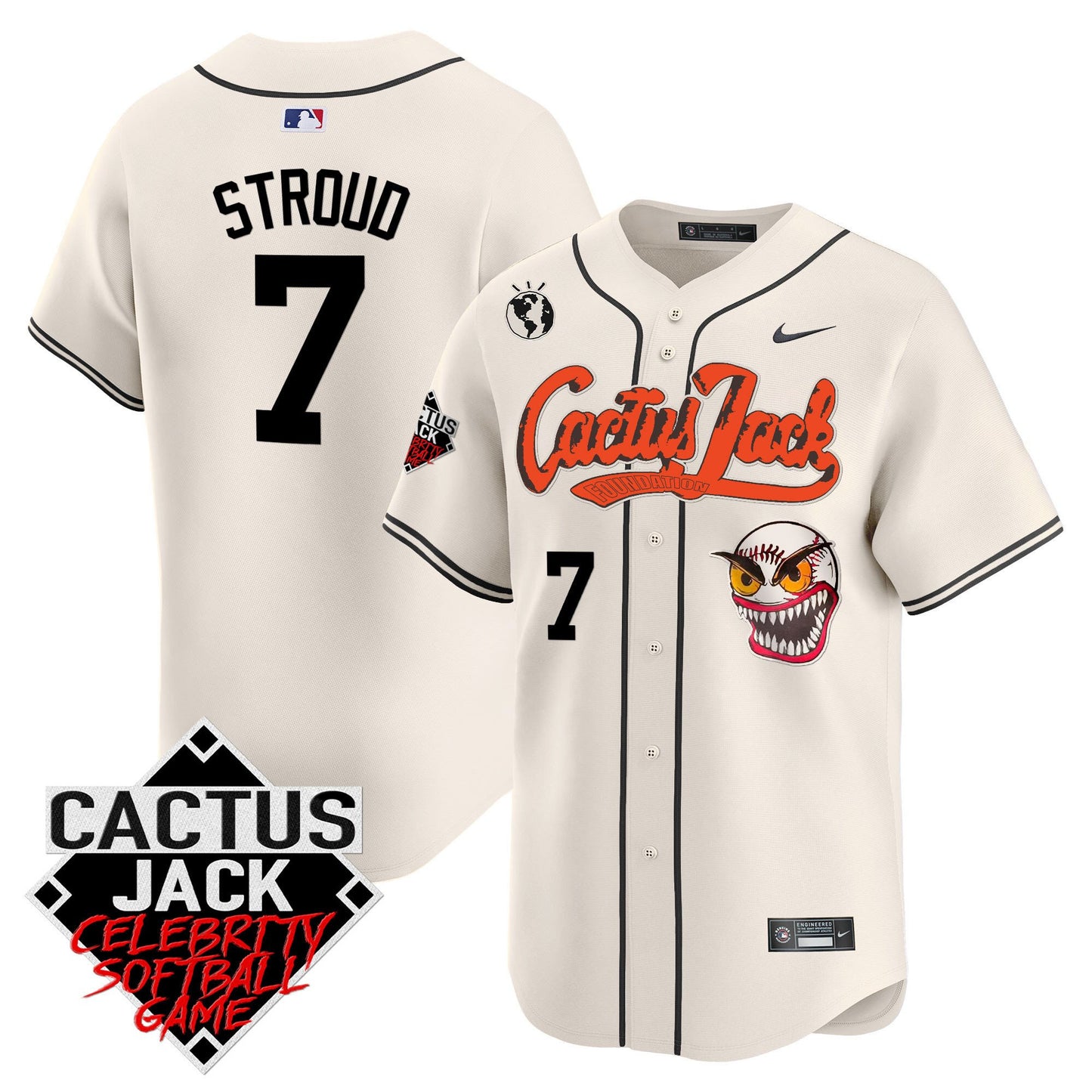 CJ Stroud 7 Houston Astros Cactus Jack Celebrity Softball Game Patch Men Jersey - Cream