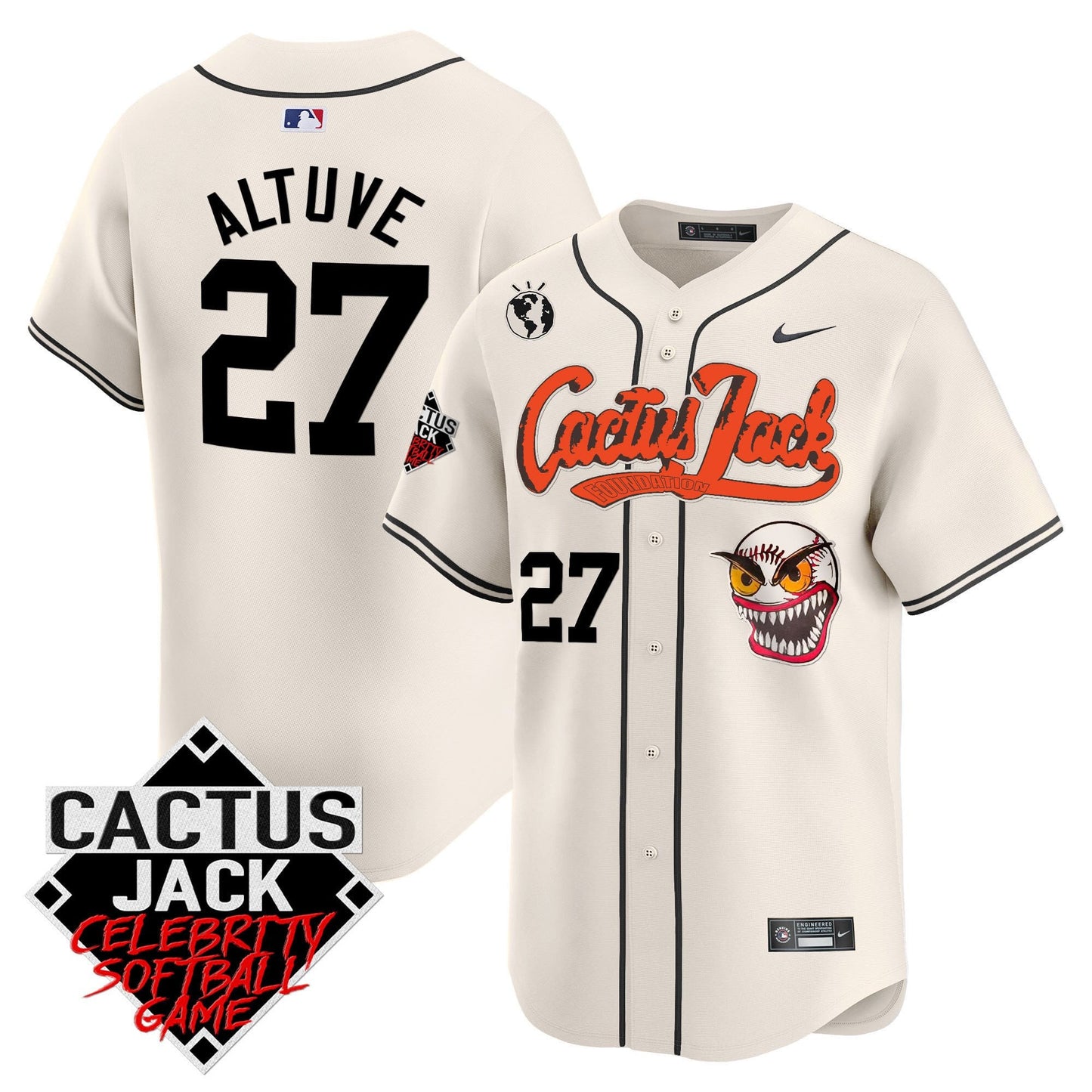 José Altuve 27 Houston Astros Cactus Jack Celebrity Softball Game Patch Men Jersey - Cream