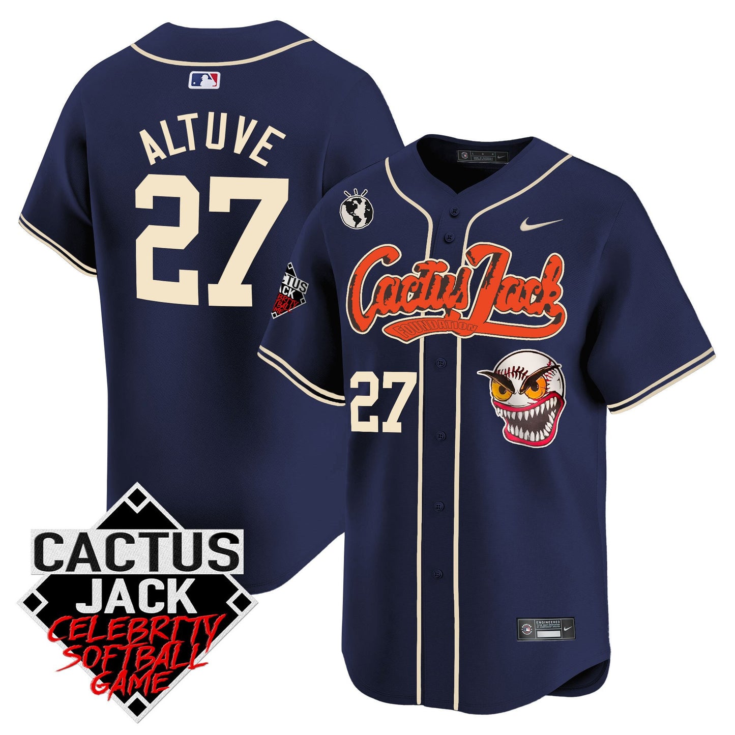 José Altuve 27 Houston Astros Cactus Jack Celebrity Softball Game Patch Men Jersey - Navy