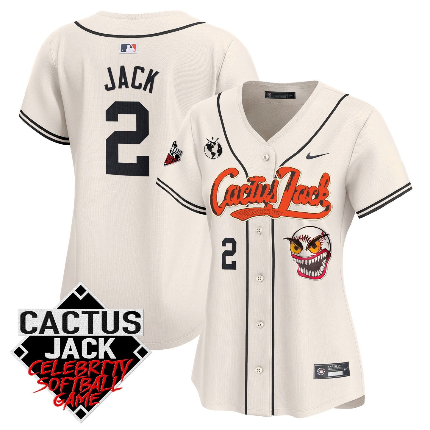 Jack 2 Houston Astros Cactus Jack Celebrity Softball Game Patch Women Jersey - Cream