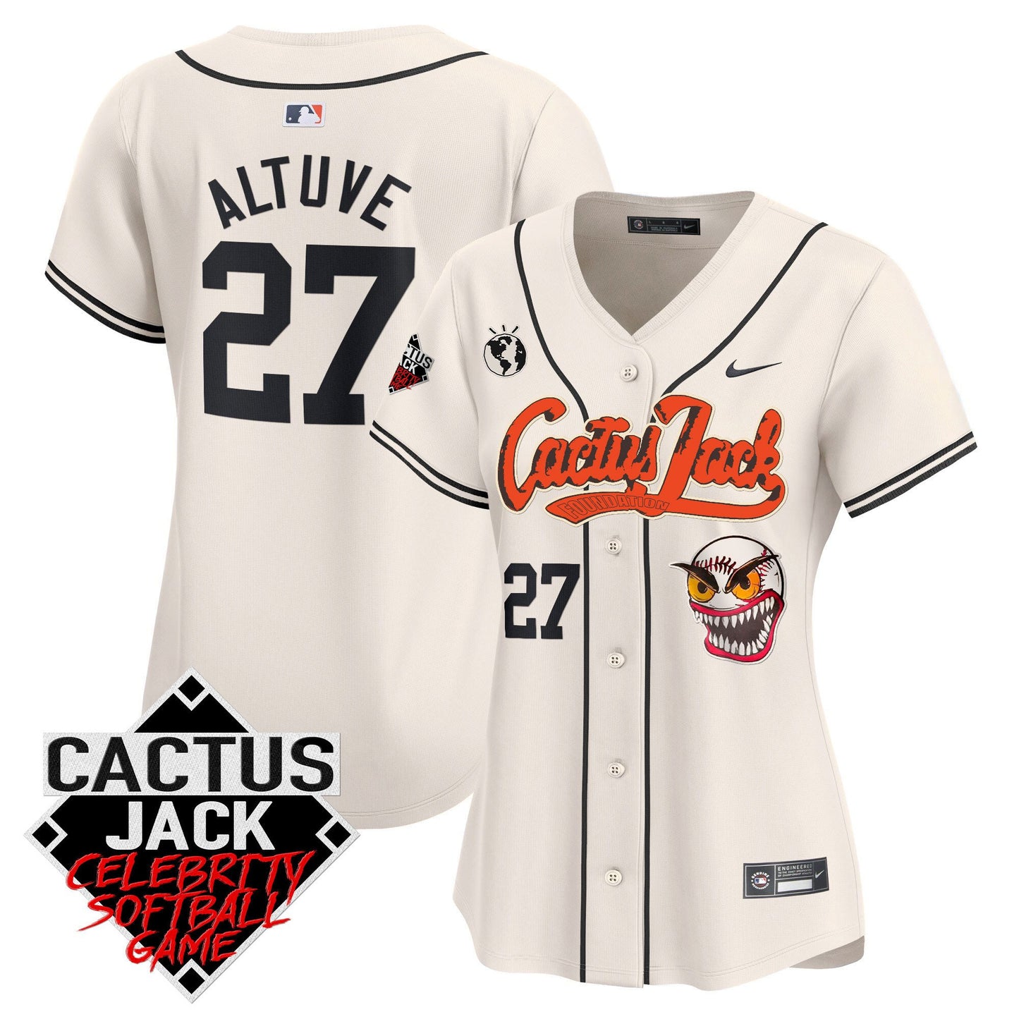 José Altuve 27 Houston Astros Cactus Jack Celebrity Softball Game Patch Women Jersey - Cream