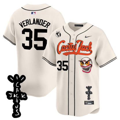 Justin Verlander 35 Houston Astros Cactus Jack Patch V2 Men Jersey - Cream