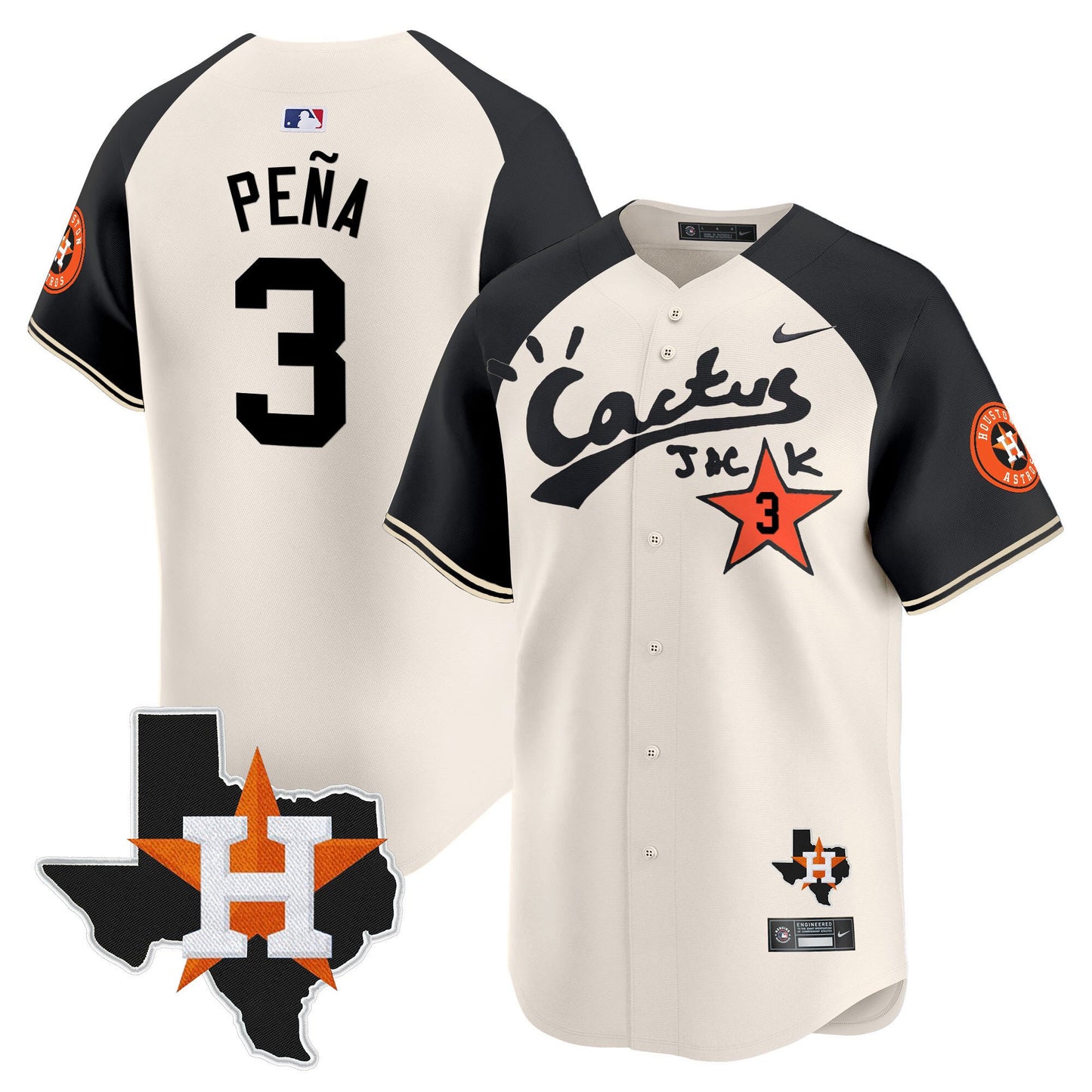 Jeremy Pena 3 Houston Astros Cactus Jack Houston Patch Limited Jersey - Men, Cream Alternate
