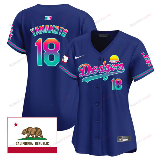 Yoshinobu Yamamoto 18 Los Angeles Dodgers 2024 Los Angeles City Style California Republic Patch Women Jersey - Royal