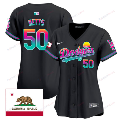 Mookie Betts 50 Los Angeles Dodgers 2024 Los Angeles City Style California Republic Patch Women Jersey - Black