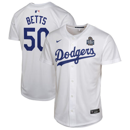 Mookie Betts 50 Los Angeles Dodgers 2024 World Series Game YOUTH Jersey - White