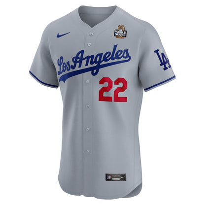 Clayton Kershaw 22 Los Angeles Dodgers 2024 World Series Road Elite Player Men Jersey - Gray