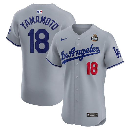 Yoshinobu Yamamoto 18 Los Angeles Dodgers 2024 World Series Road Elite Player Men Jersey - Gray