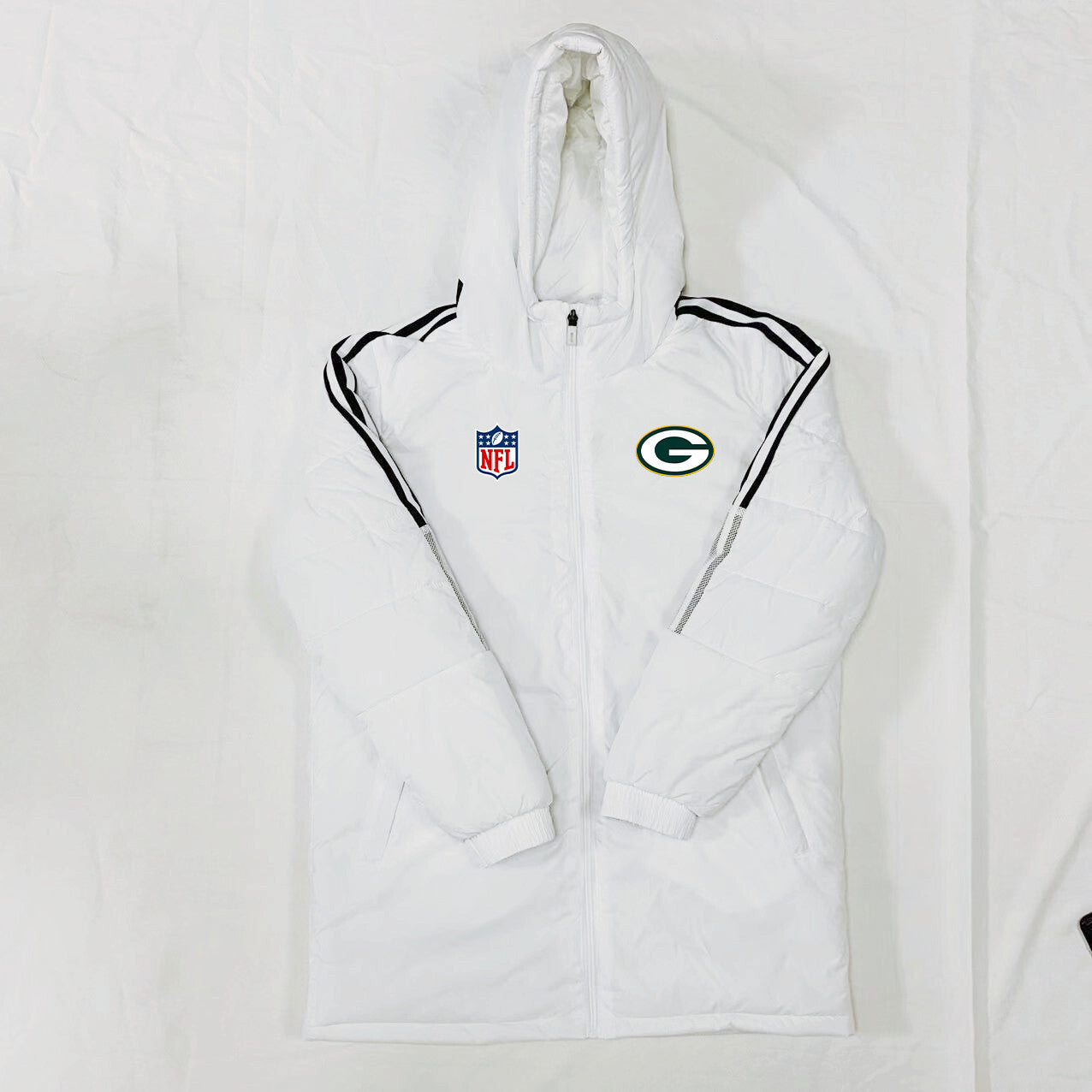 Green Bay Packers Black Stripes Coat Down Jacket - White