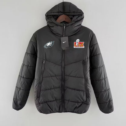 Philadelphia Eagles Super Bowl LIX Patch Hooded Puffer Jacket - Black