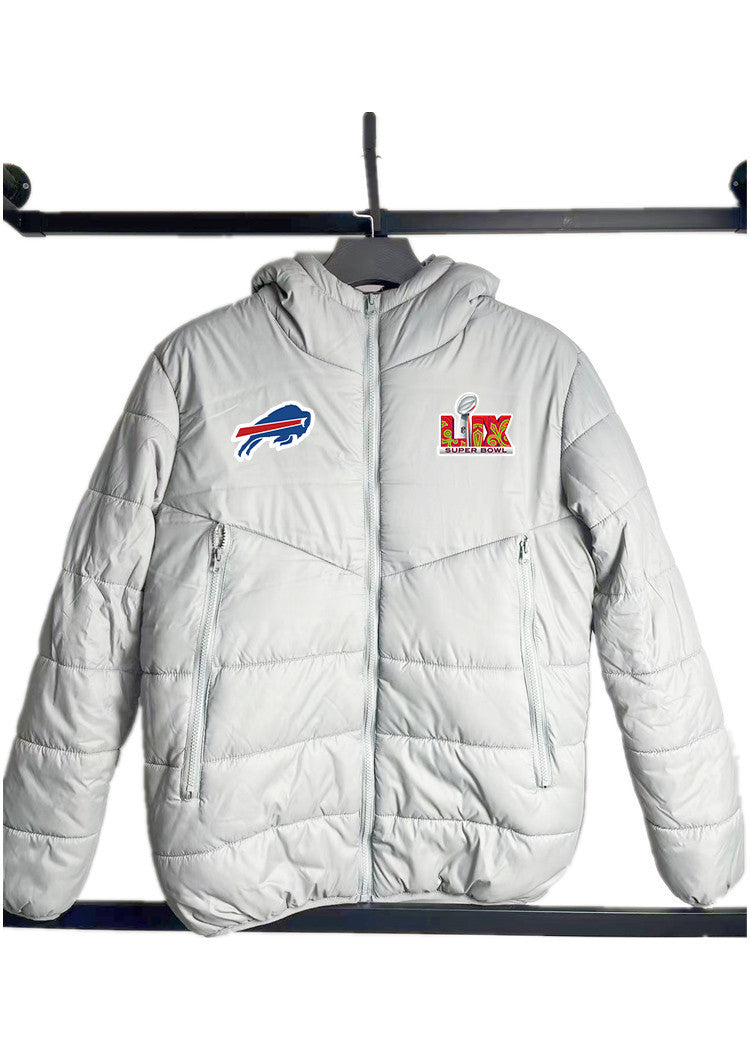 Buffalo Bills Super Bowl LIX Patch Hooded Puffer Jacket - Grey