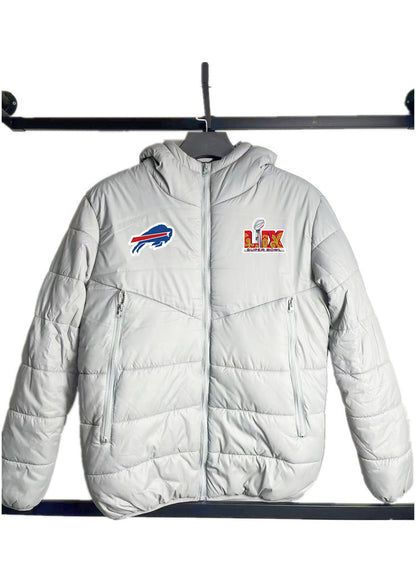 Buffalo Bills Super Bowl LIX Patch Hooded Puffer Jacket - Grey