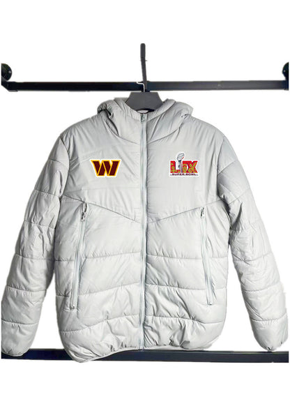 Washington Commanders Super Bowl LIX Patch Hooded Puffer Jacket - Grey