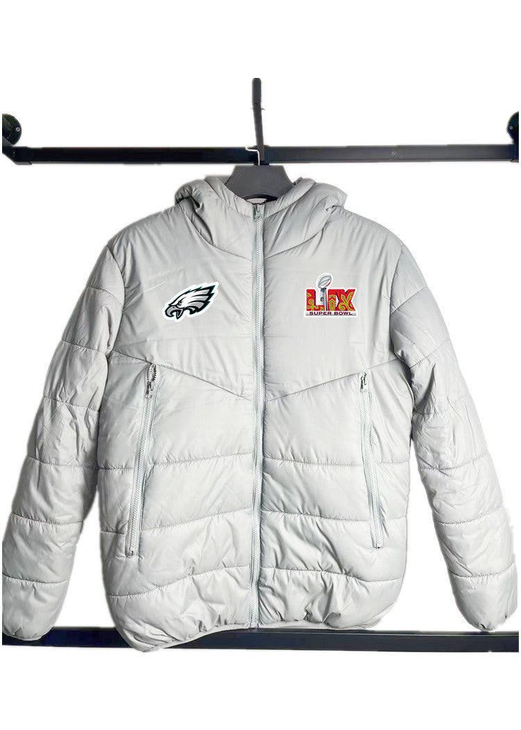 Philadelphia Eagles Super Bowl LIX Patch Hooded Puffer Jacket - Grey