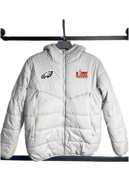 Philadelphia Eagles Super Bowl LIX Patch Hooded Puffer Jacket - Grey