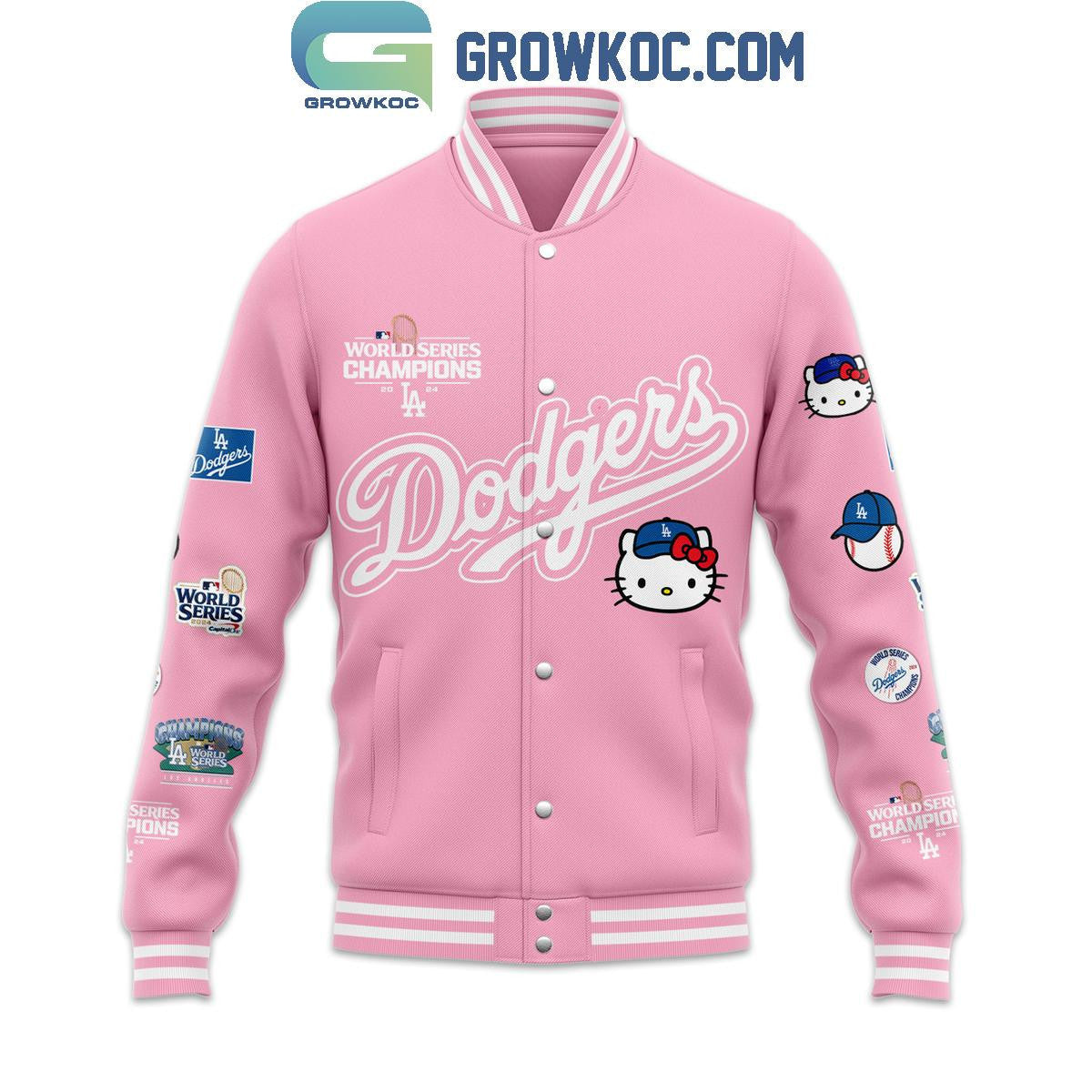 Los Angeles Dodgers 2024 World Series Champions Hello Kitty Baseball Jacket - All Over Printed - Pink - All-Over-Printed Jacket