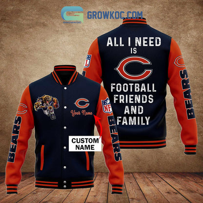 Chicago Bears All I Need Is Football Friends And Family Custom Name Baseball Jacket - All Over Printed - Navy - All-Over-Printed Jacket