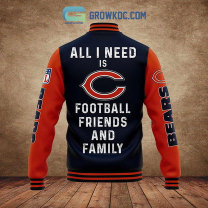 Chicago Bears All I Need Is Football Friends And Family Custom Name Baseball Jacket - All Over Printed - Navy - All-Over-Printed Jacket