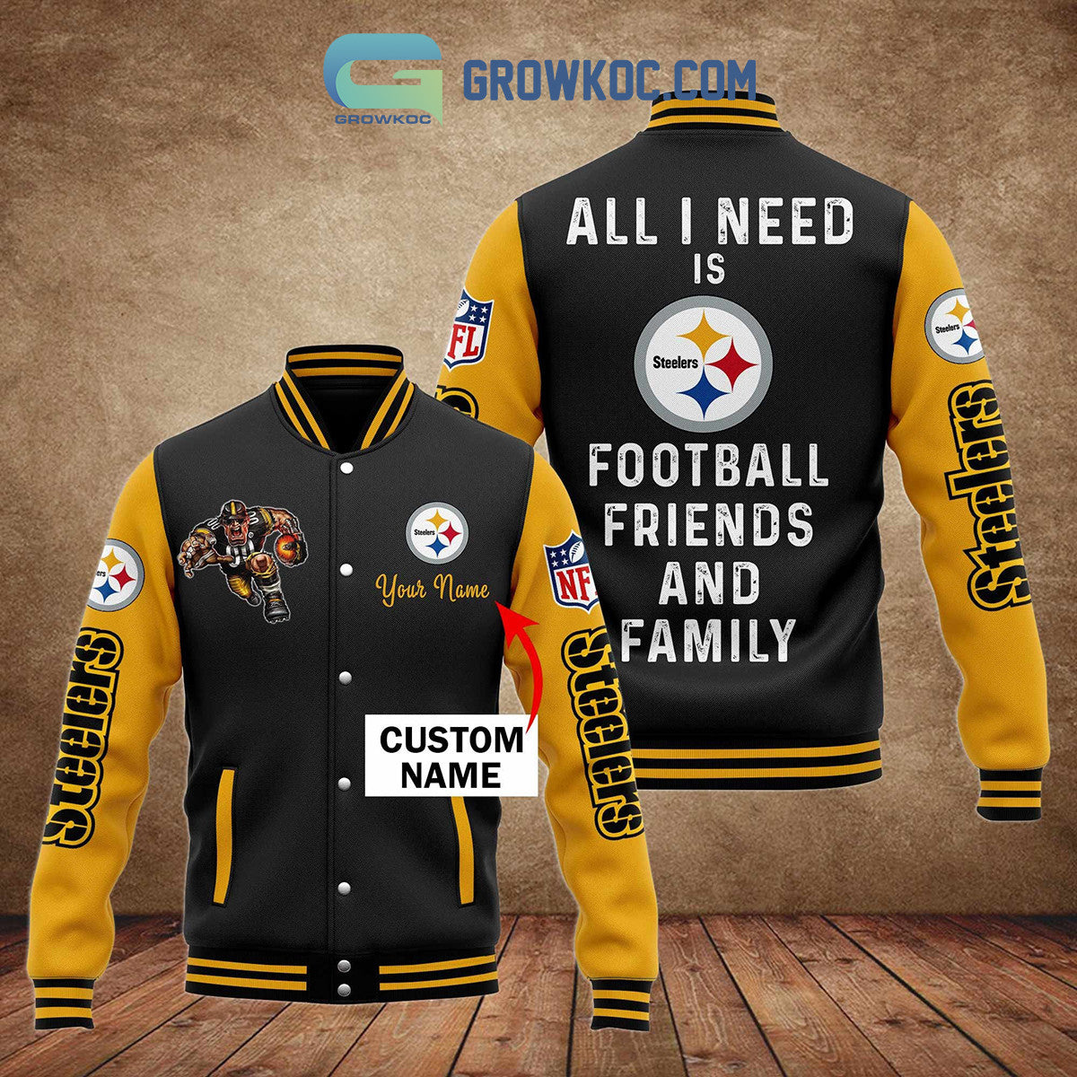 Pittsburgh Steelers All I Need Is Football Friends And Family Custom Name Baseball Jacket - All Over Printed - Black - All-Over-Printed Jacket