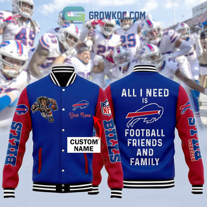 Buffalo Bills All I Need Is Football Friends And Family Custom Name Baseball Jacket - All Over Printed - Blue - All-Over-Printed Jacket