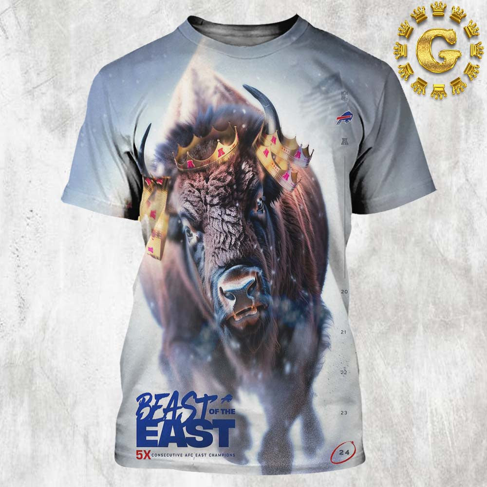 Buffalo Bills Beast Of The East 5X Consecutive AFC East Champions 2024 All Over Printed T-Shirt - White