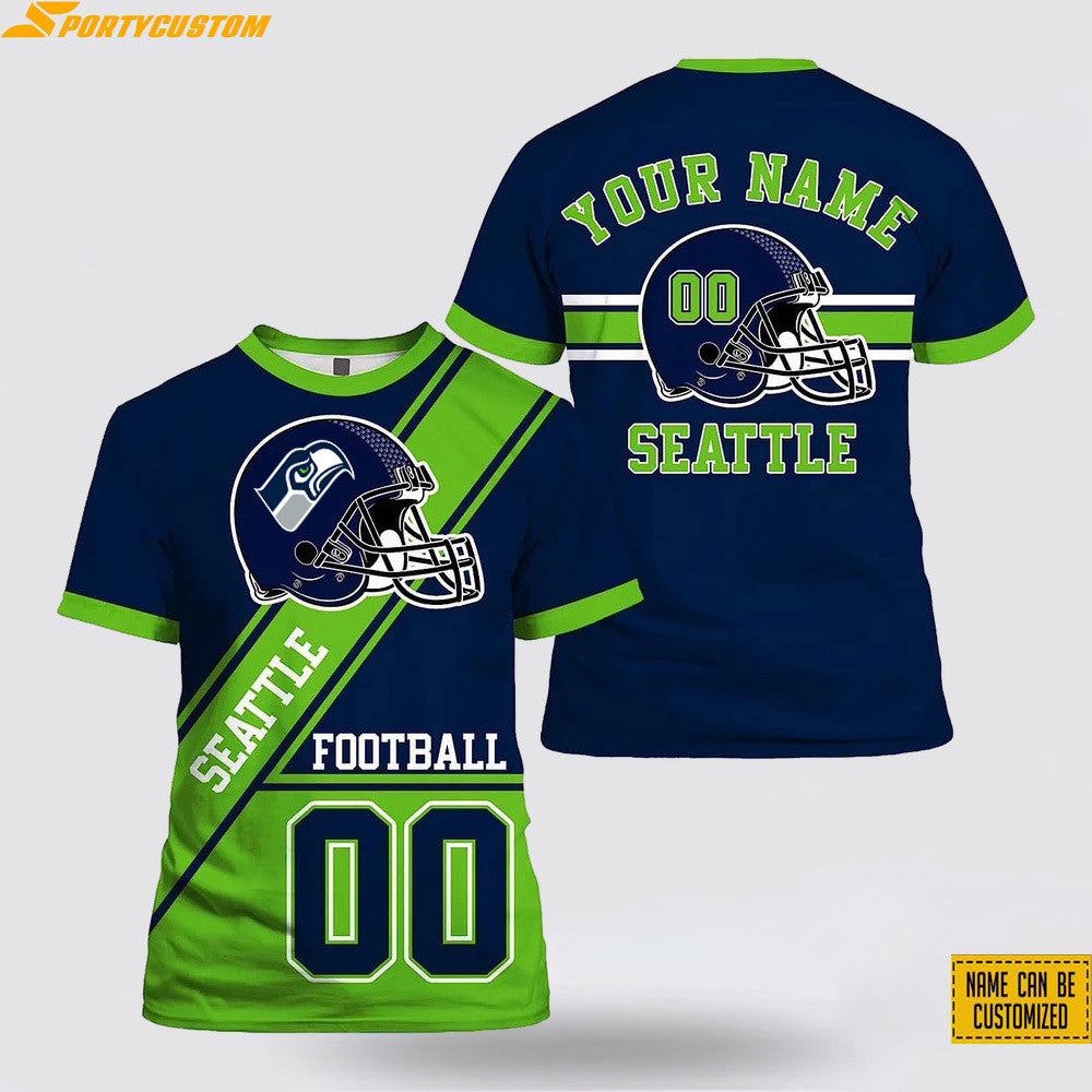 Seattle Seahawks Custom Name & Number All Over Printed T-Shirt - Navy/Green