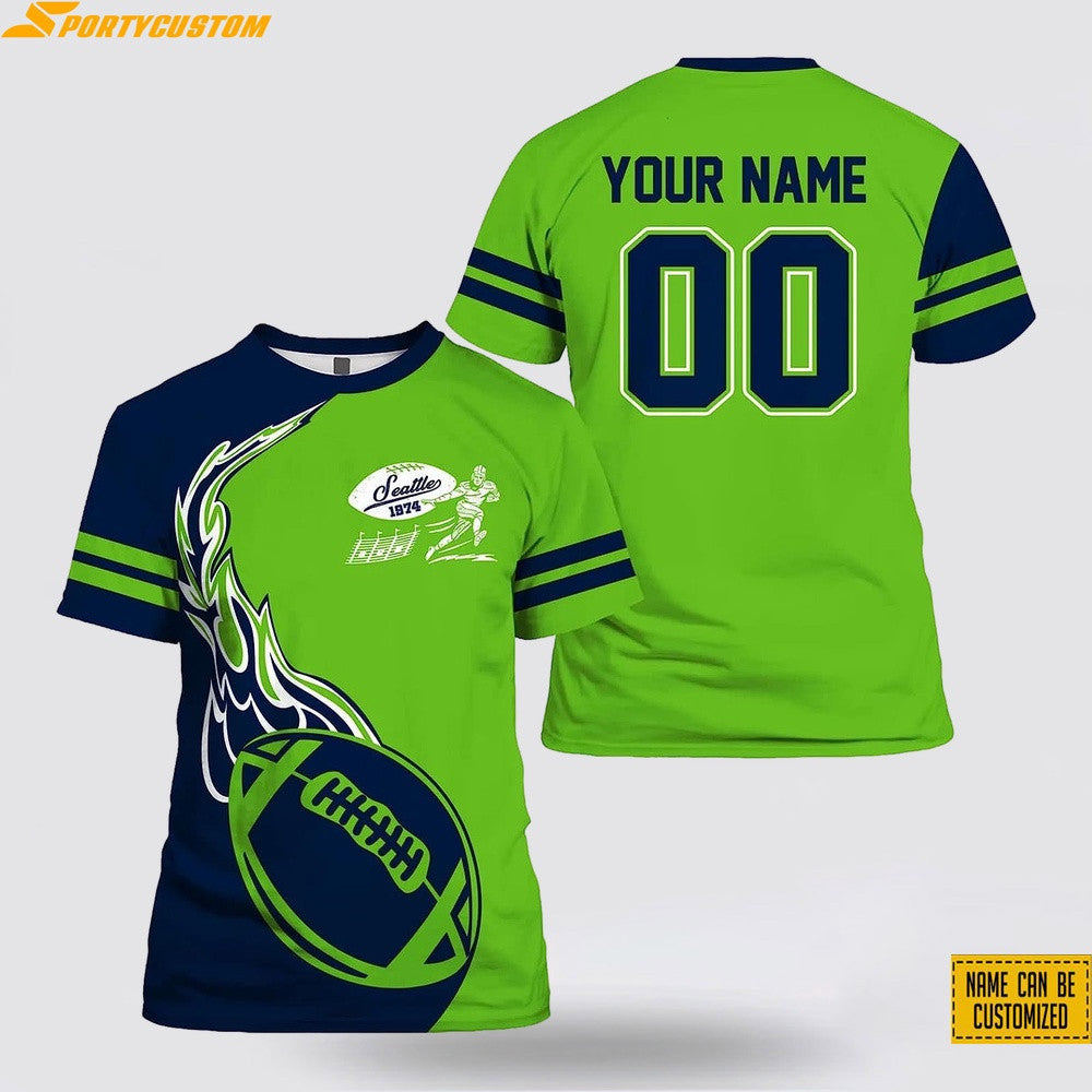 Seattle Seahawks Fire Ball Custom Name & Number All Over Printed T-Shirt - Navy/Green
