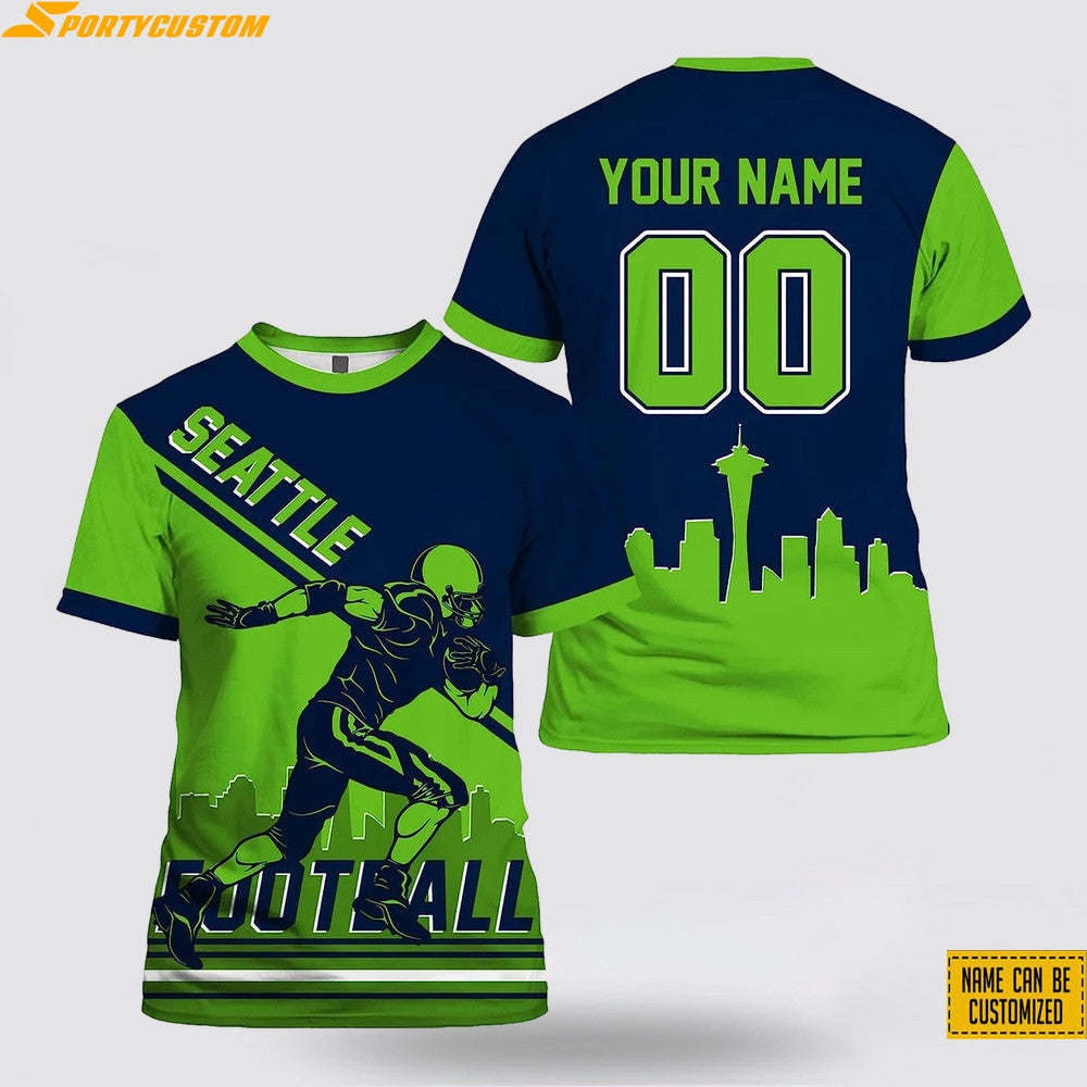 Seattle Seahawks Player Custom Name & Number All Over Printed T-Shirt - Navy/Green