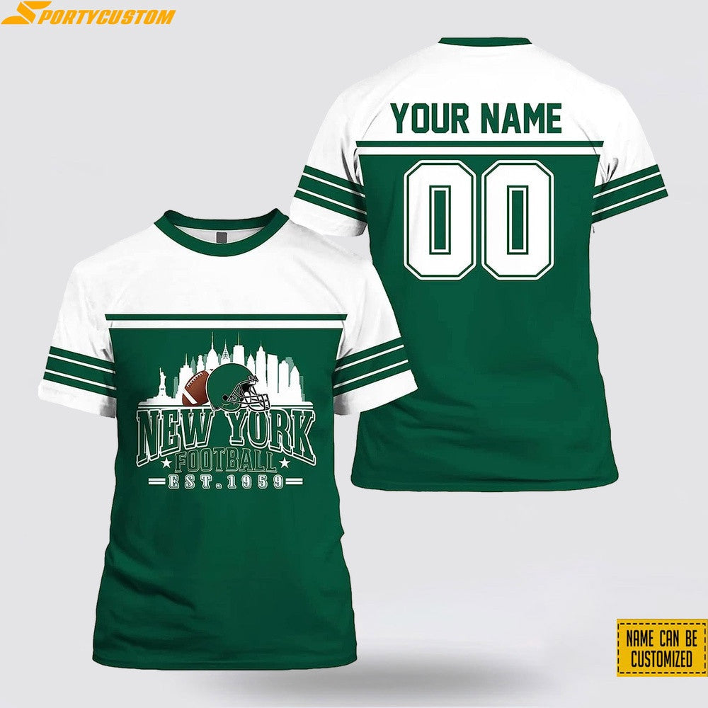New York Jets Helmet Custom Name & Number All Over Printed T-Shirt - Green/White
