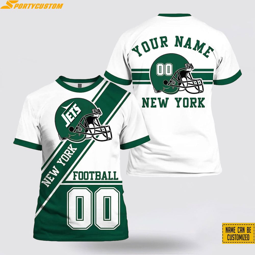 New York Jets Helmet Custom Name & Number All Over Printed T-Shirt - White/Green