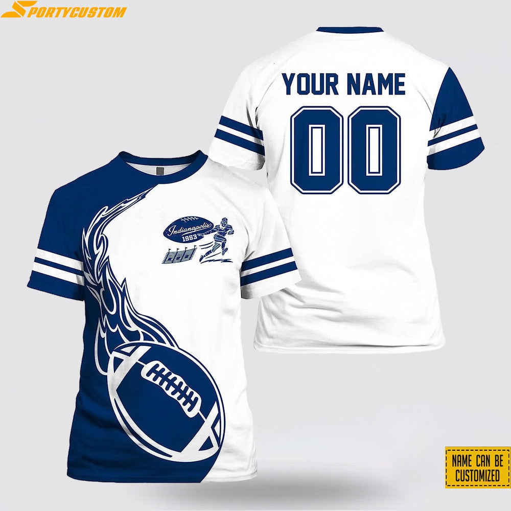 Indianapolis Colts Fire Ball Custom Name & Number All Over Printed T-Shirt - Navy/White