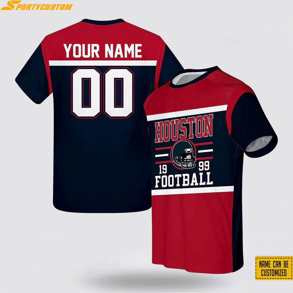 Houston Texans Helmet Custom Name & Number All Over Printed T-Shirt - Navy/Red