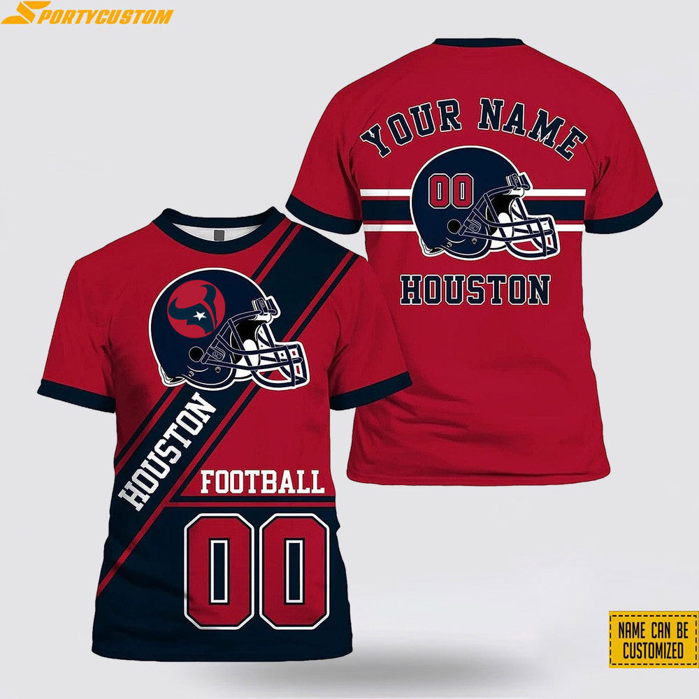 Houston Texans Helmet Custom Name & Number All Over Printed T-Shirt - Red/Navy