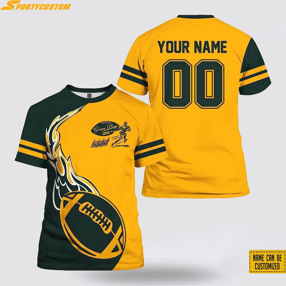 Green Bay Packers Fire Ball Custom Name & Number All Over Printed T-Shirt - Green/Gold