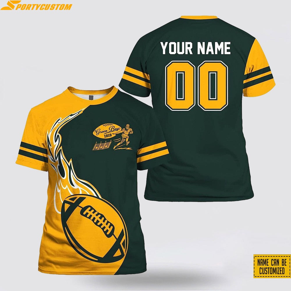 Green Bay Packers Fire Ball Custom Name & Number All Over Printed T-Shirt - Gold/Green