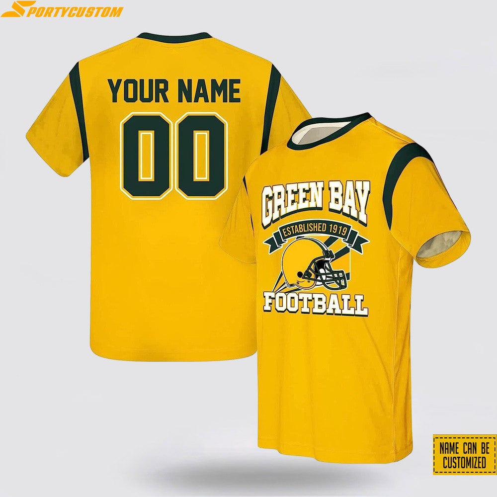 Green Bay Packers Helmet Custom Name & Number All Over Printed T-Shirt - Gold
