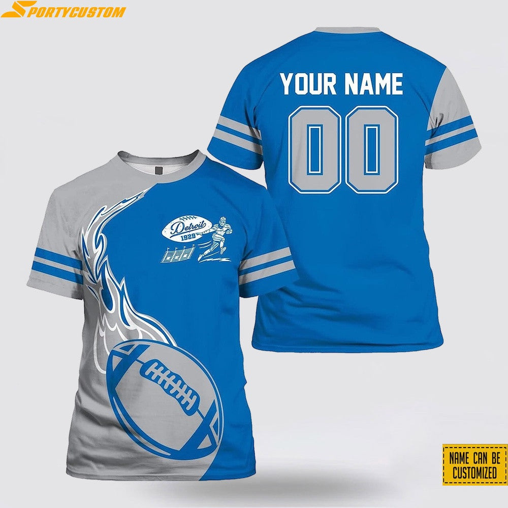 Detroit Lions Fire Ball Custom Name & Number All Over Printed T-Shirt - Silver/Blue
