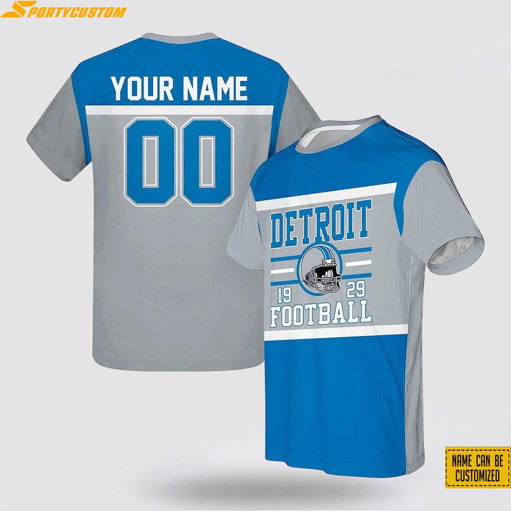 Detroit Lions Helmet Custom Name & Number All Over Printed T-Shirt - Silver/Blue