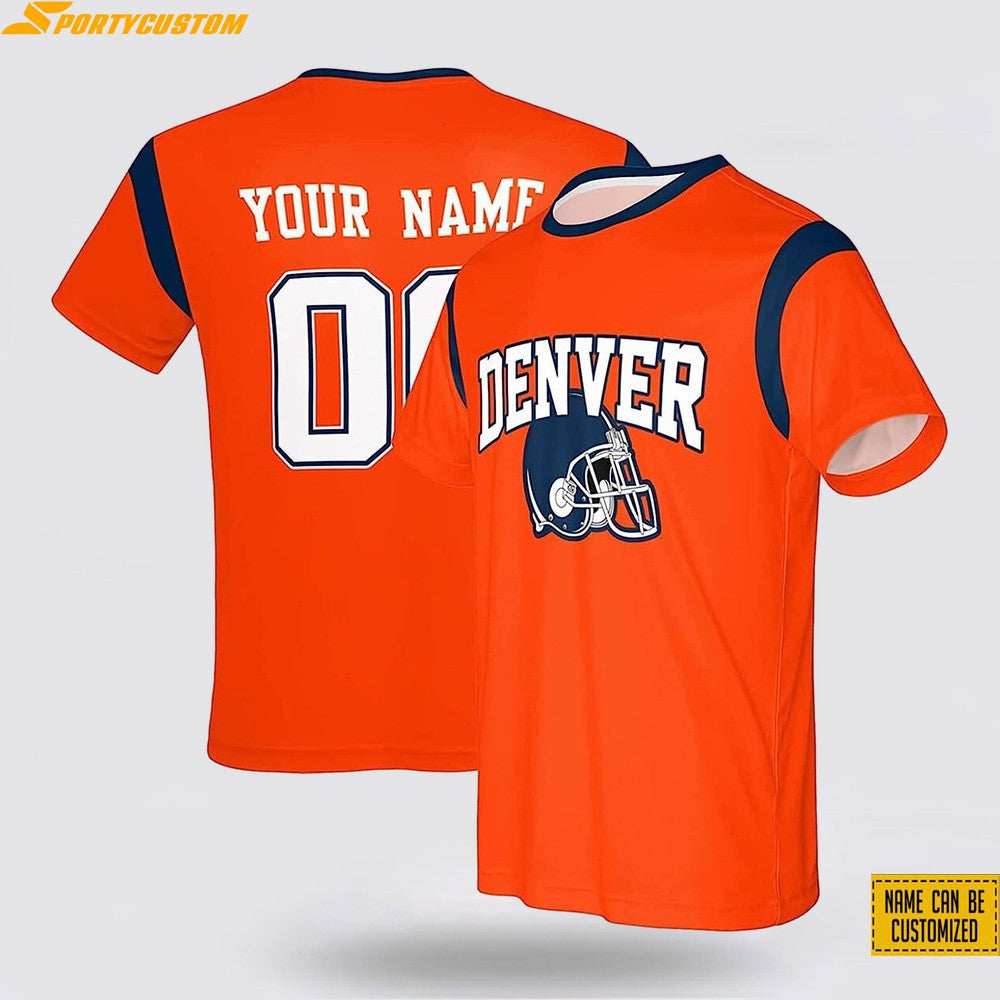 Denver Broncos Helmet Custom Name & Number All Over Printed T-Shirt - Orange