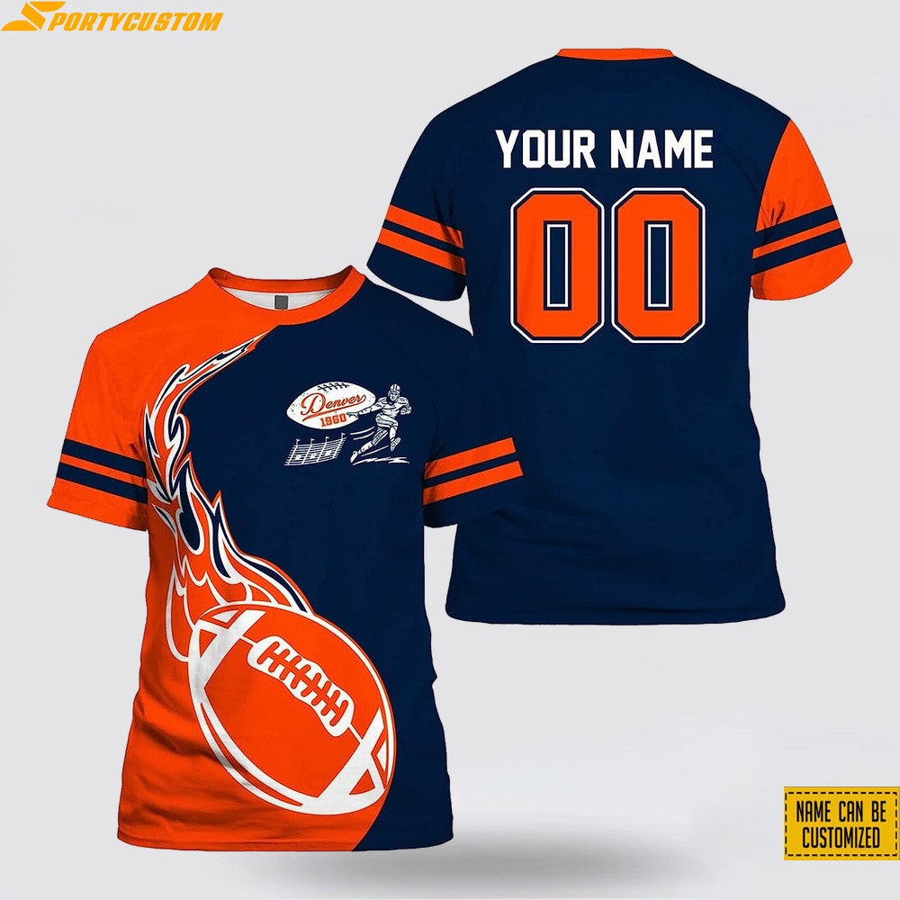 Denver Broncos Fire Ball Custom Name & Number All Over Printed T-Shirt - Navy/Orange