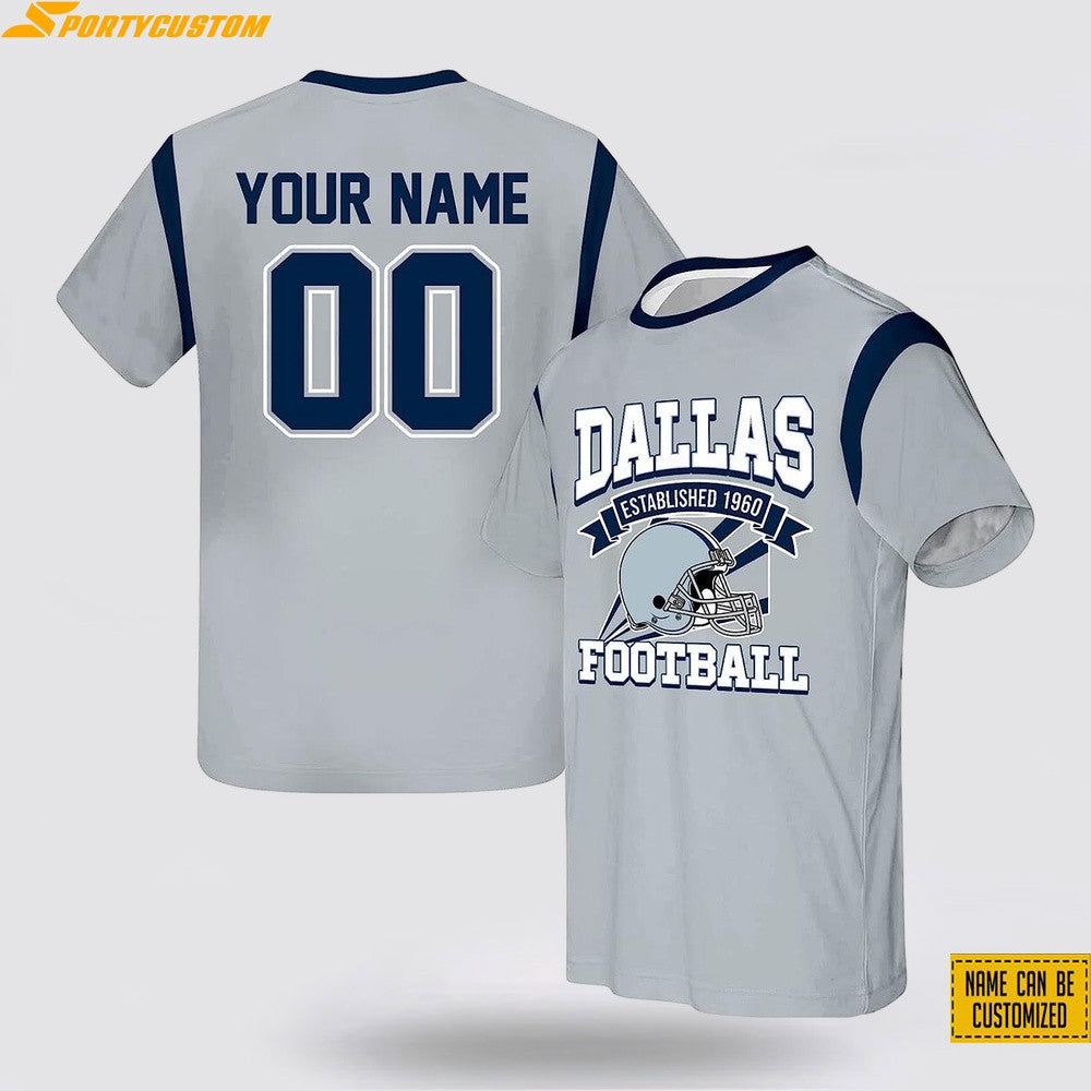Dallas Cowboys Helmet Custom Name & Number All Over Printed T-Shirt - Silver