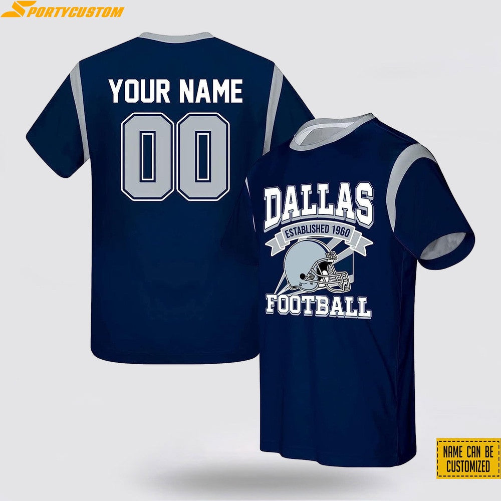 Dallas Cowboys Helmet Custom Name & Number All Over Printed T-Shirt - Navy