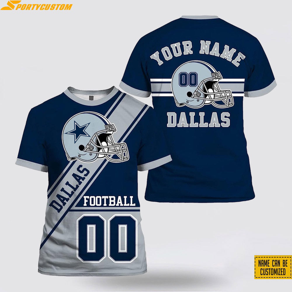 Dallas Cowboys Helmet Custom Name & Number All Over Printed T-Shirt - Navy/Silver