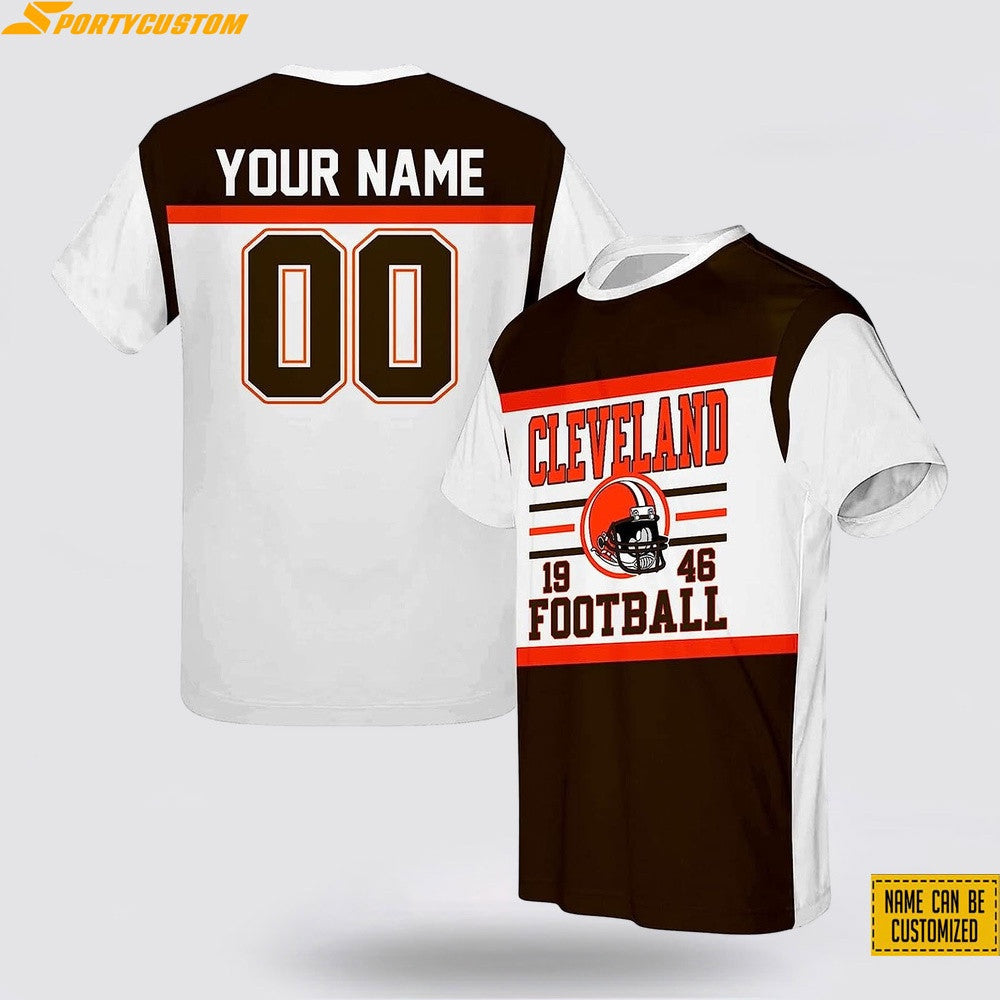 Cleveland Browns Helmet Custom Name & Number All Over Printed T-Shirt - White