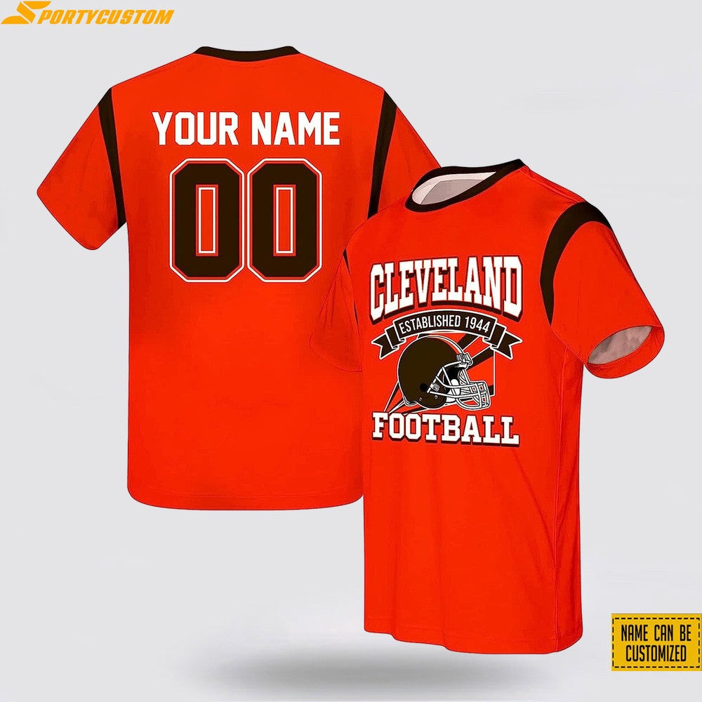 Cleveland Browns Helmet Custom Name & Number All Over Printed T-Shirt - Orange