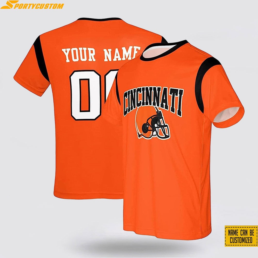 Cincinnati Bengals Helmet Custom Name & Number All Over Printed T-Shirt - Orange