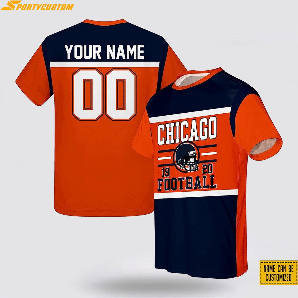 Chicago Bears Helmet Custom Name & Number All Over Printed T-Shirt - Navy/Orange